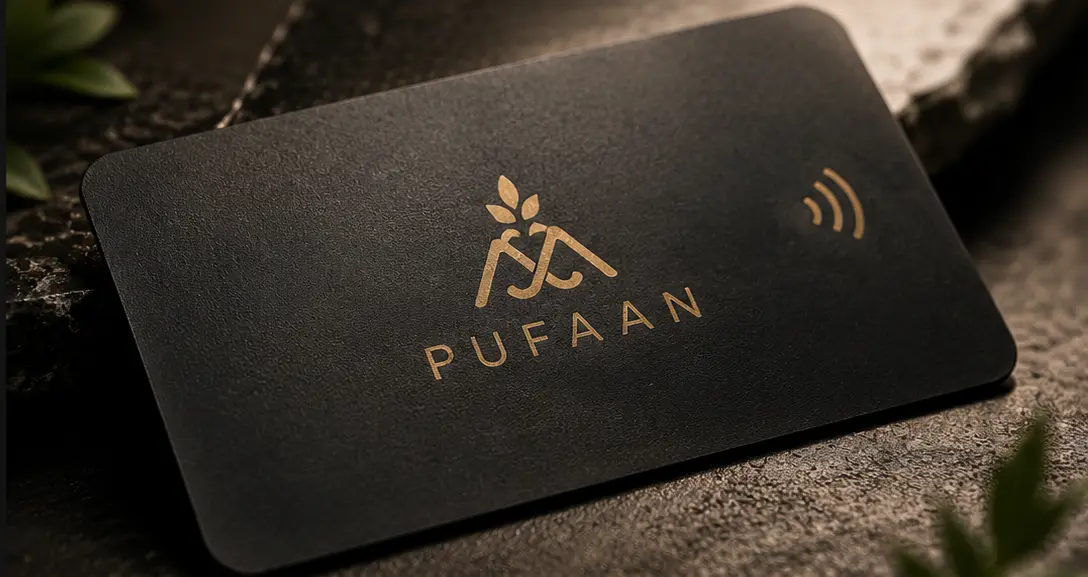 Detail photograph of an NFC business card edge, finish and chip zone